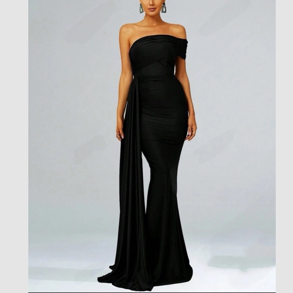 Luxe black one shoulder draped party formal evening gown dress - Picture 1 of 10